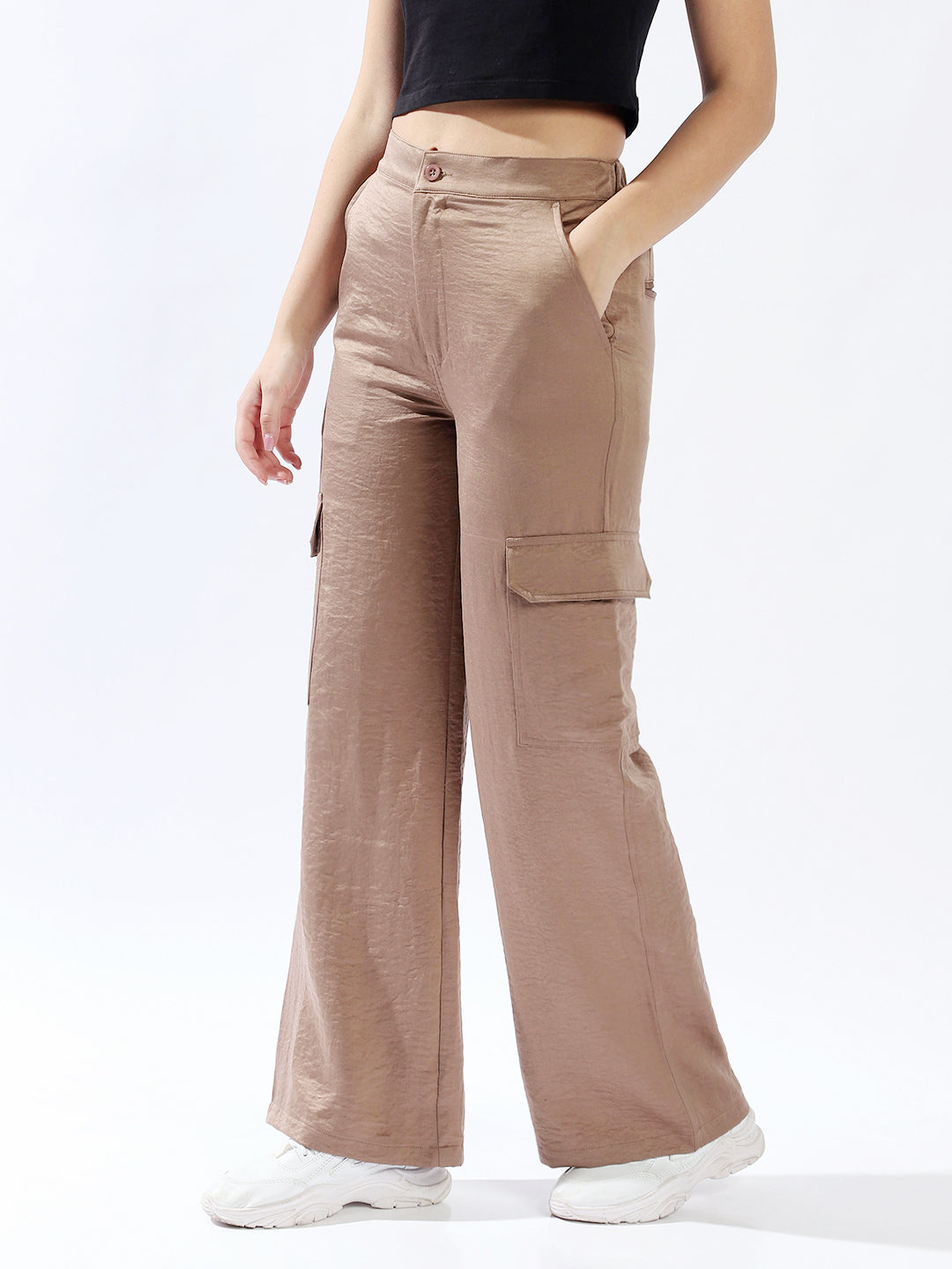 High star Women Polyester Wide Leg High-Rise Casual Trousers