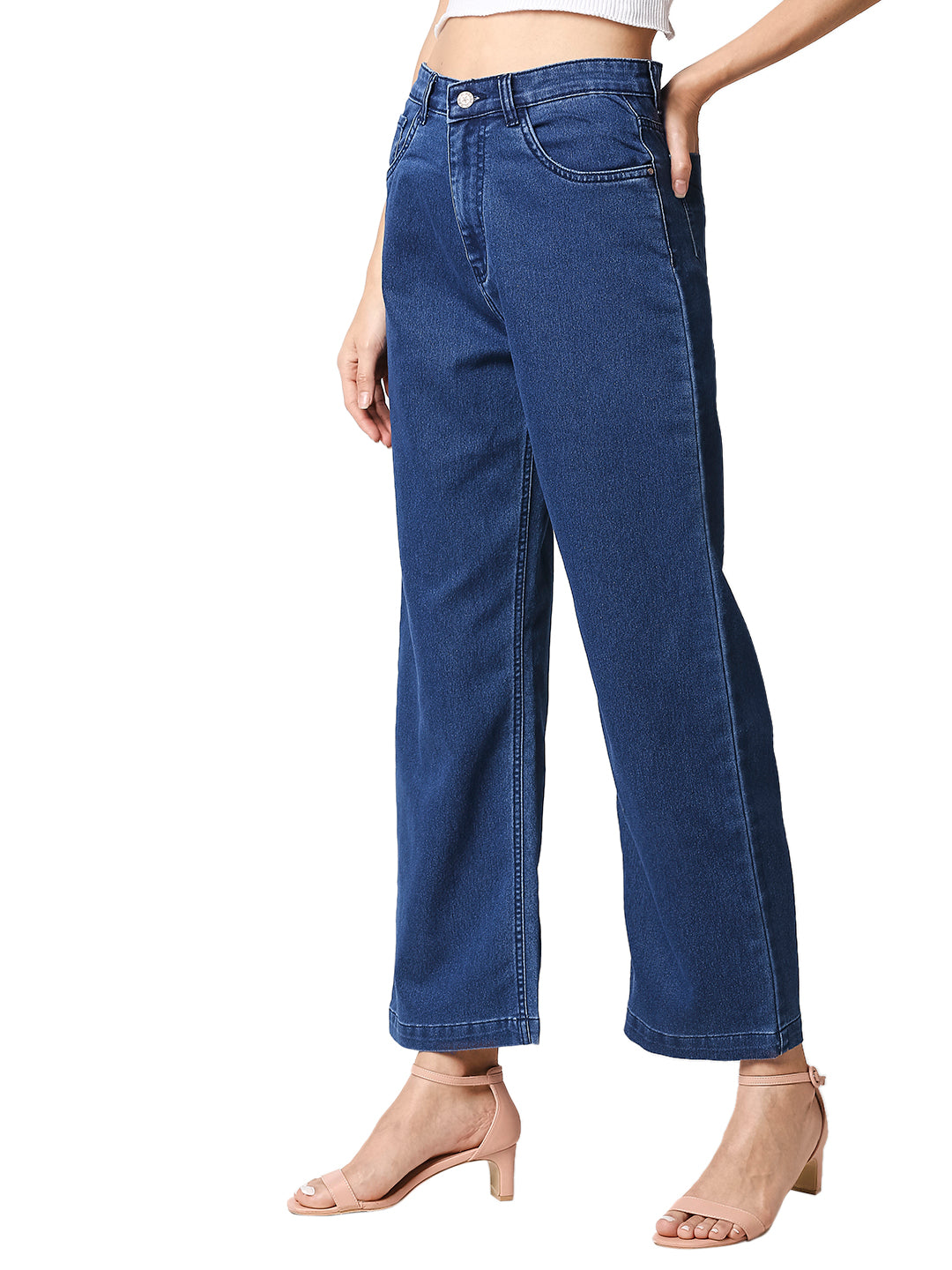 Women Blue Wide Leg High-Rise Clean Look Stretchable Jeans