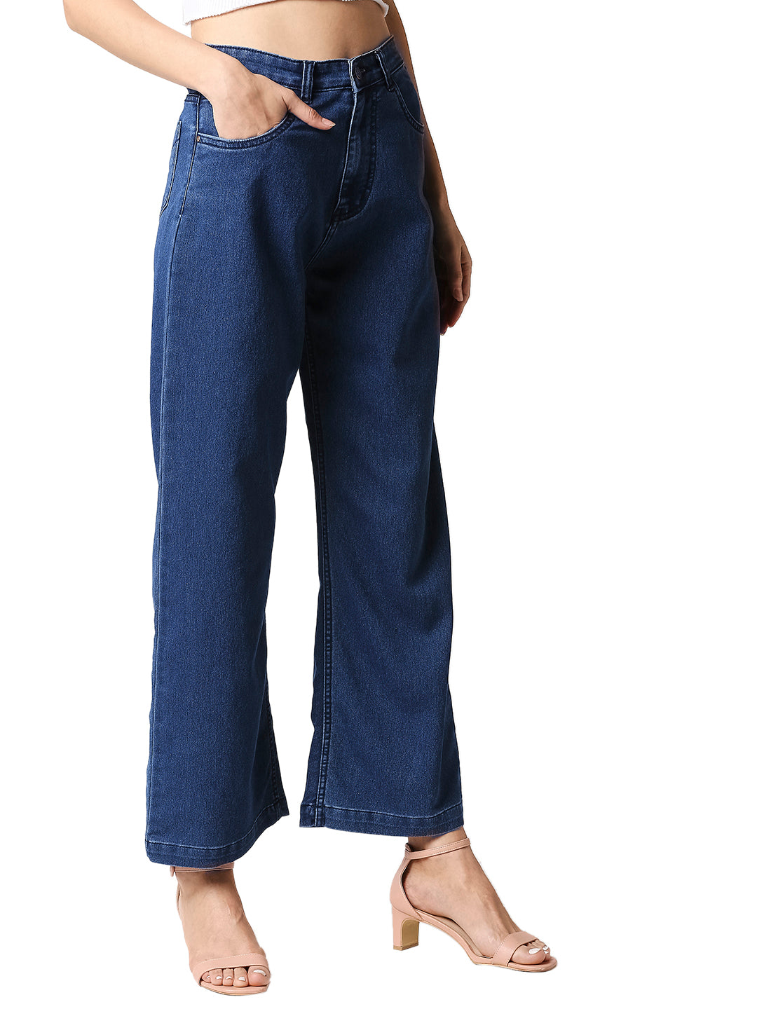 Women Blue Wide Leg High-Rise Clean Look Stretchable Jeans