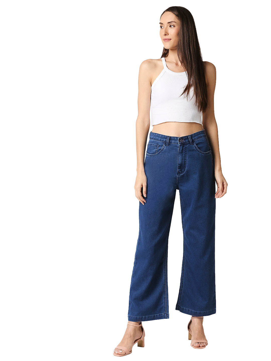 Women Blue Wide Leg High-Rise Clean Look Stretchable Jeans